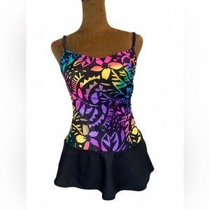 Vintage Neon Abstract One Piece Bathing Suit Bikini Dress:Rave/Festival/Retro